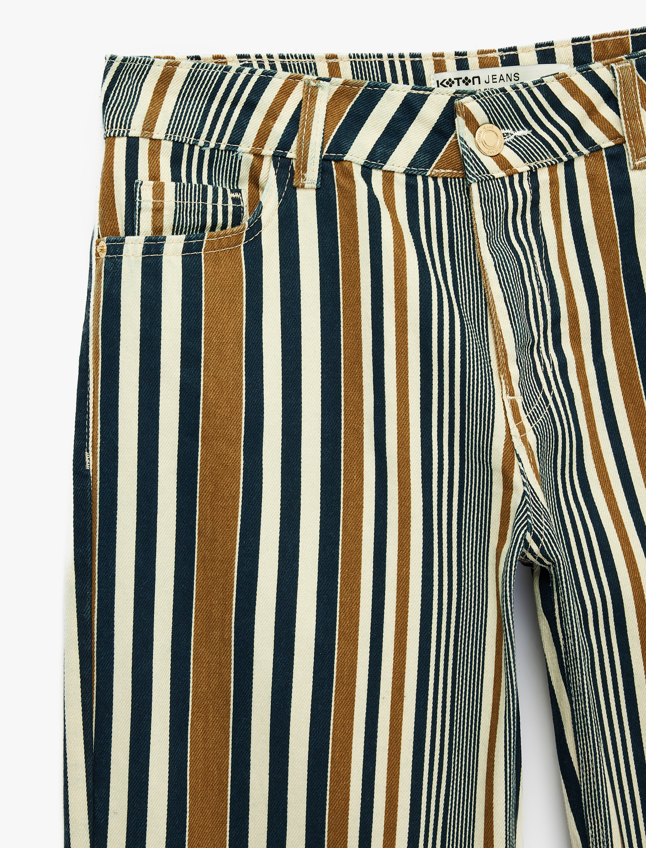   Düğmeli Cepli Pamuklu Düşük Bel Düz Paça Çizgili Pantolon - Straight Fit Jean