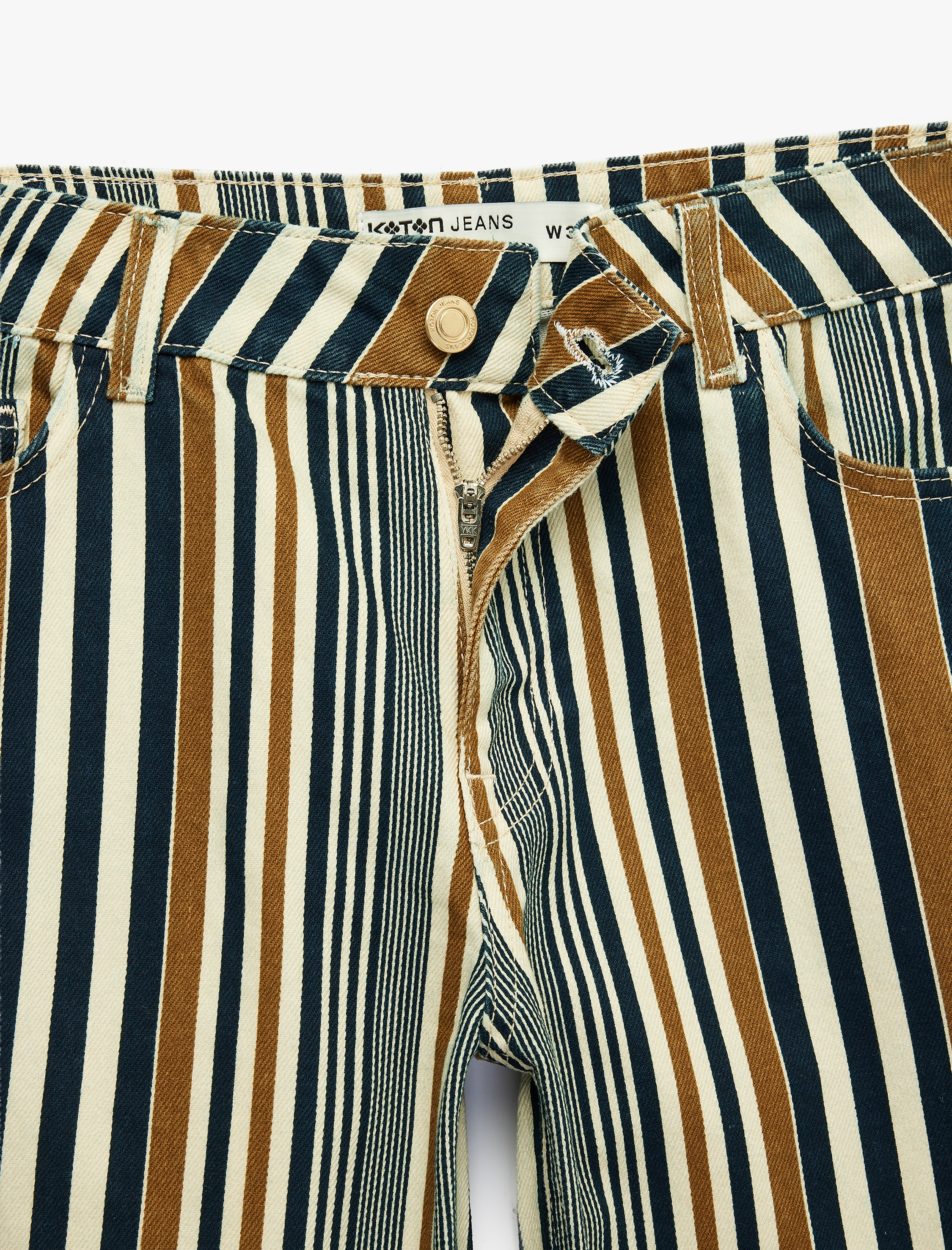   Düğmeli Cepli Pamuklu Düşük Bel Düz Paça Çizgili Pantolon - Straight Fit Jean