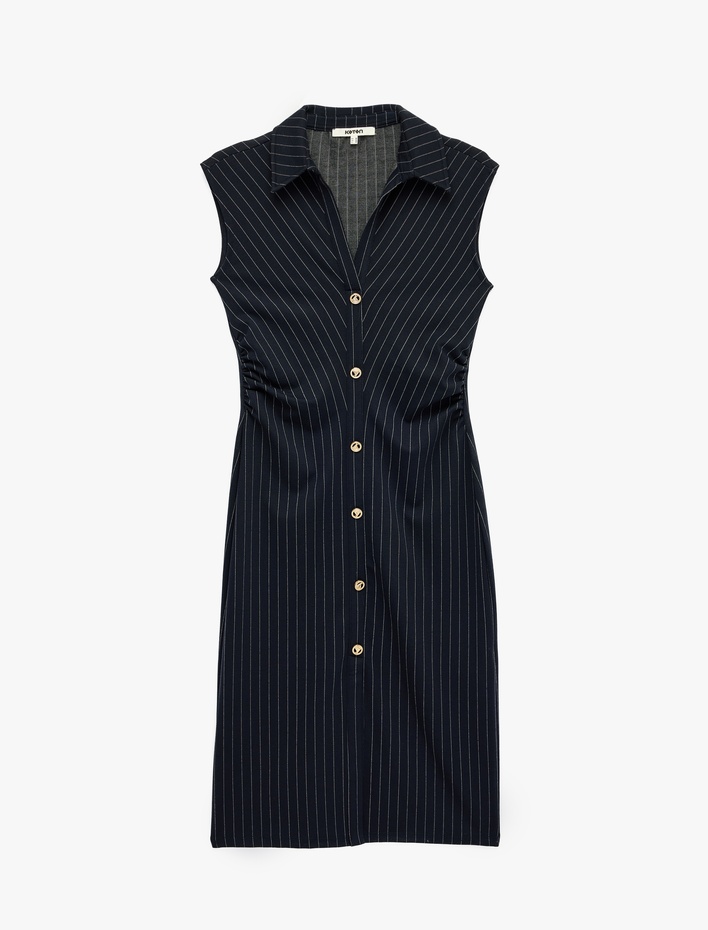  Slim Fit Kolsuz Midi Boy Süslü Düğmeli Kolsuz Çizgili Gömlek Elbise