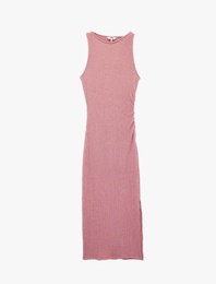 Bürümcük Kumaş Dokulu Bisiklet Yaka Yırtmaçlı Kolsuz Midi Bodycon Elbise