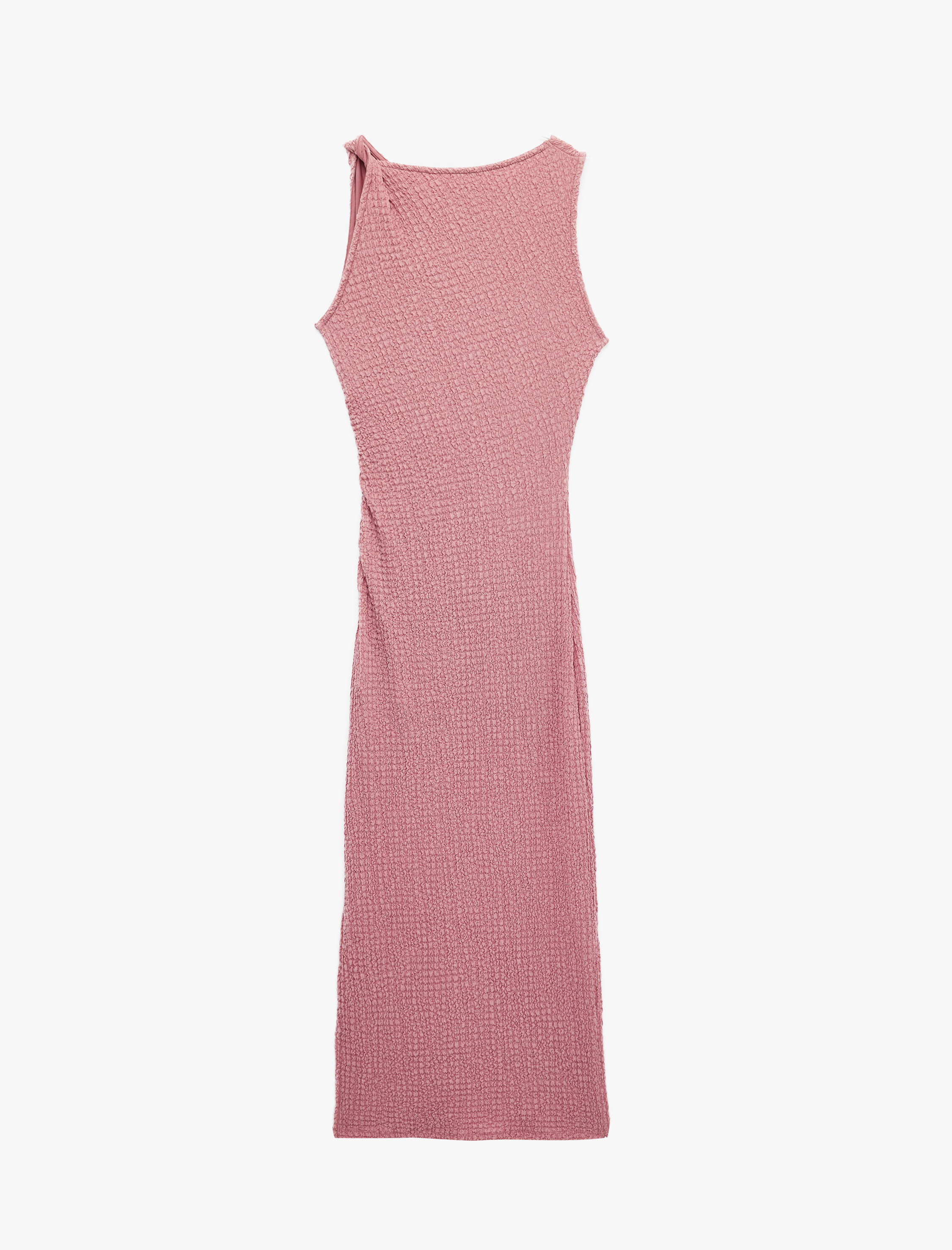   Bürümcük Kumaş Dokulu Bisiklet Yaka Yırtmaçlı Kolsuz Midi Bodycon Elbise
