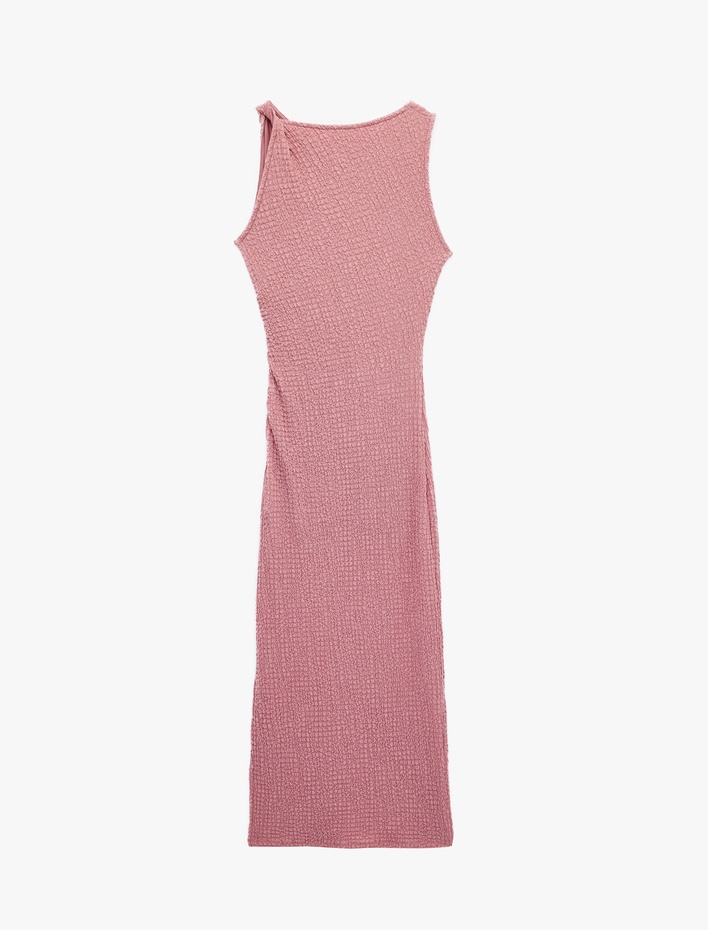  Bürümcük Kumaş Dokulu Bisiklet Yaka Yırtmaçlı Kolsuz Midi Bodycon Elbise