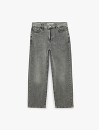 Pamuklu Düz Paça Yıkamalı Normal Bel Denim Pantolon - Straight Jeans