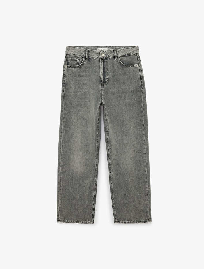  Pamuklu Düz Paça Yıkamalı Normal Bel Denim Pantolon - Straight Jeans