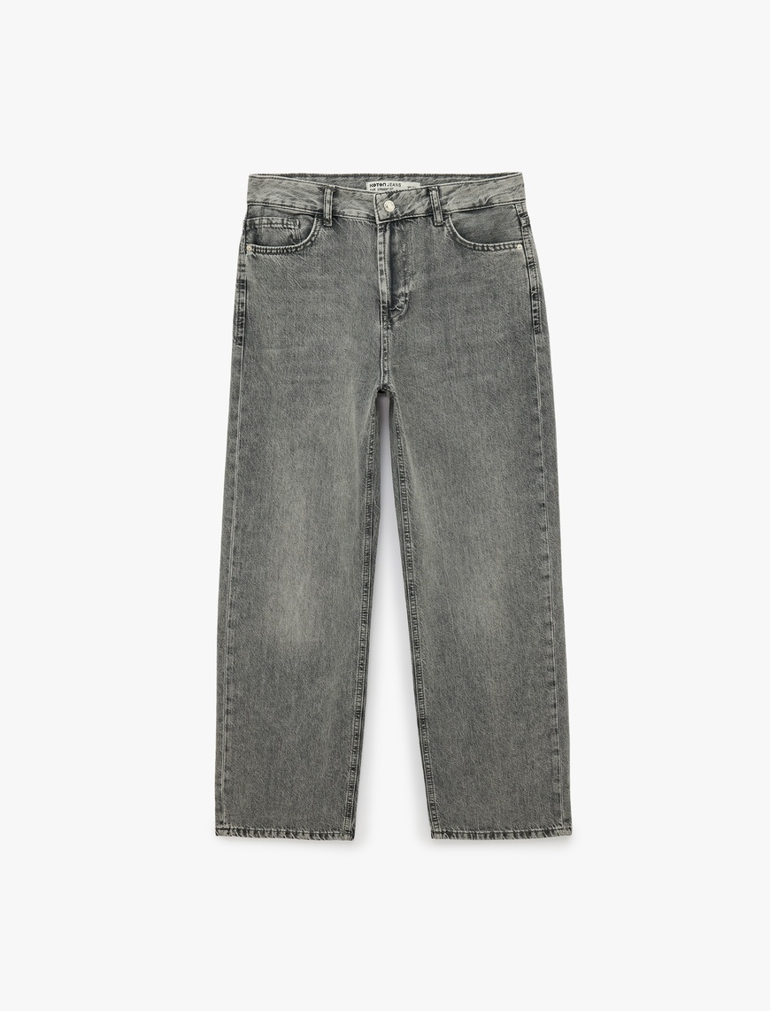 Koton Kadın Pamuklu Düz Paça Yıkamalı Normal Bel Denim Pantolon - Straight Jeans