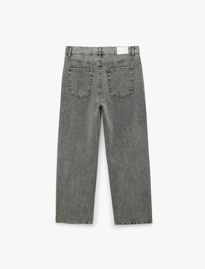  Pamuklu Düz Paça Yıkamalı Normal Bel Denim Pantolon - Straight Jeans