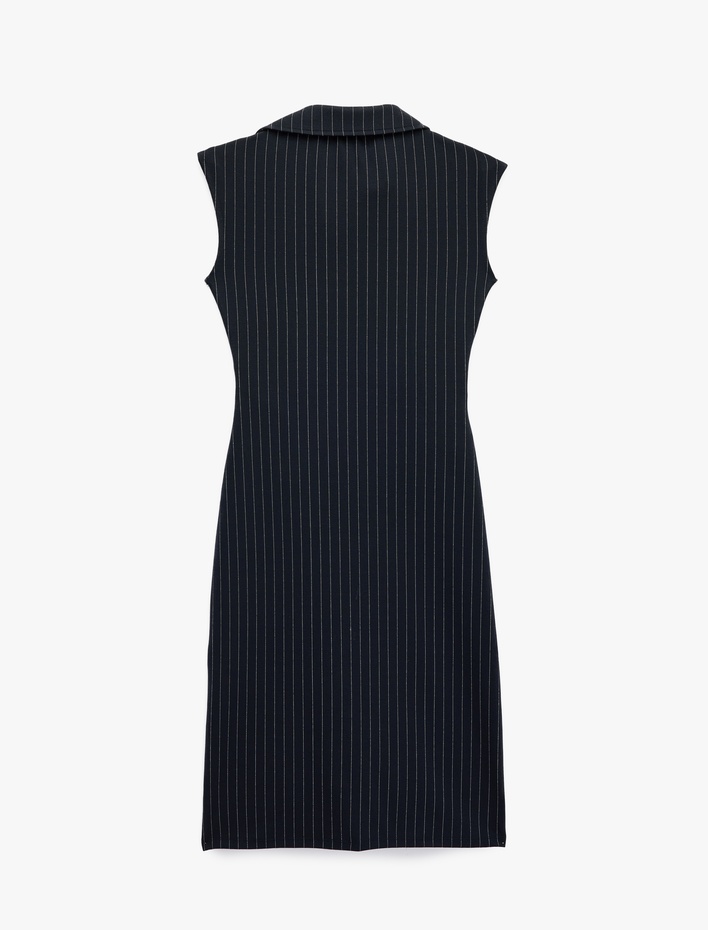  Slim Fit Kolsuz Midi Boy Süslü Düğmeli Kolsuz Çizgili Gömlek Elbise