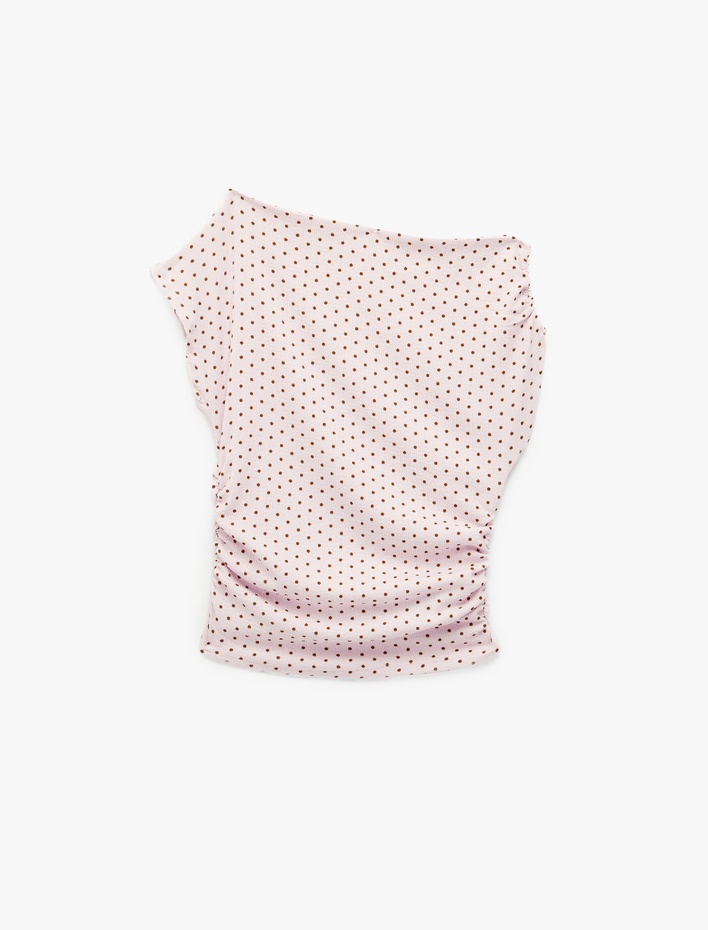  Bürümcük Kumaş Asimetrik Yaka Kısa Kollu Drapeli Slim Fit Puantiyeli Bluz