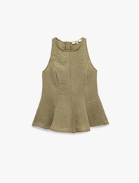 Keten Görünümlü Kolsuz Bisiklet Yaka Peplum Bluz