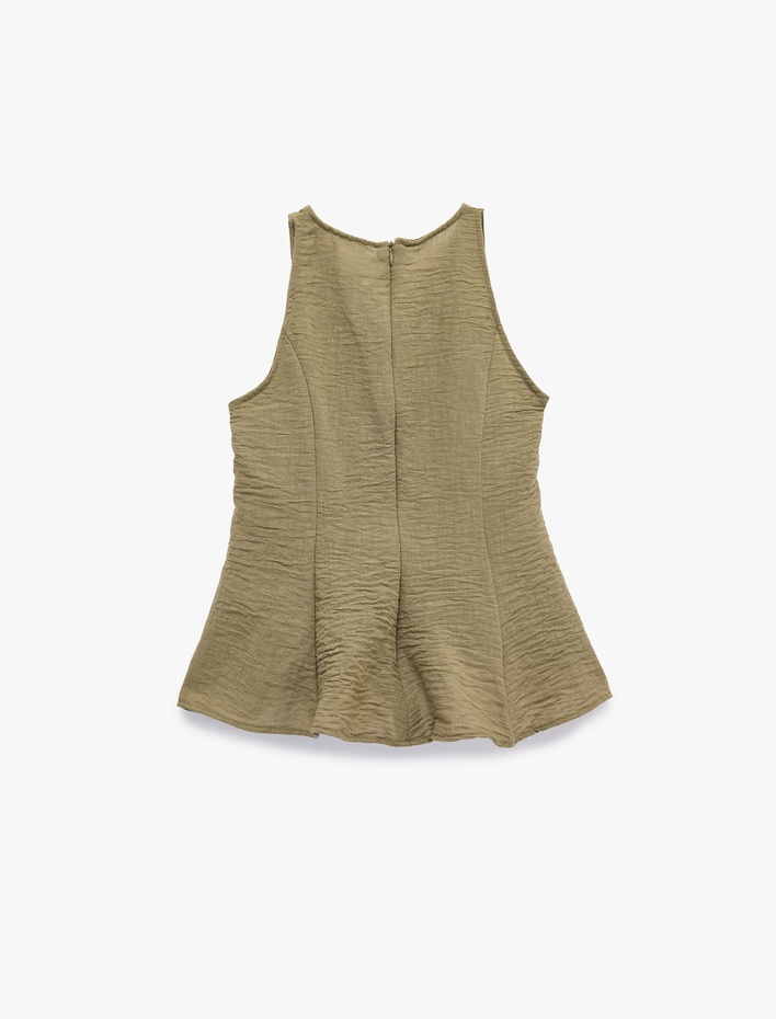 Keten Görünümlü Kolsuz Bisiklet Yaka Peplum Bluz