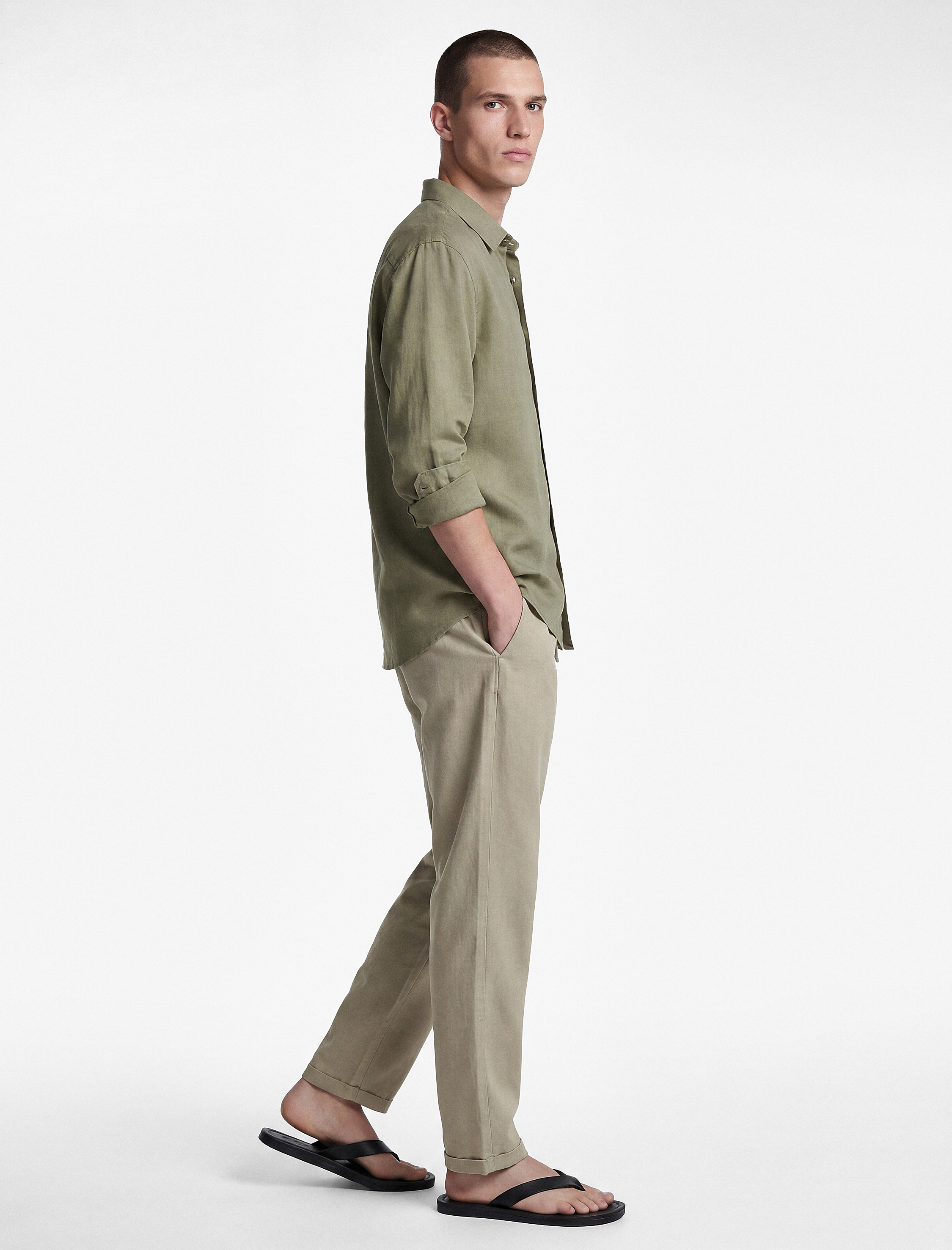  Slim Fit Keten Karışımlı Cepli Beli Lastikli Bağcıklı Pantolon