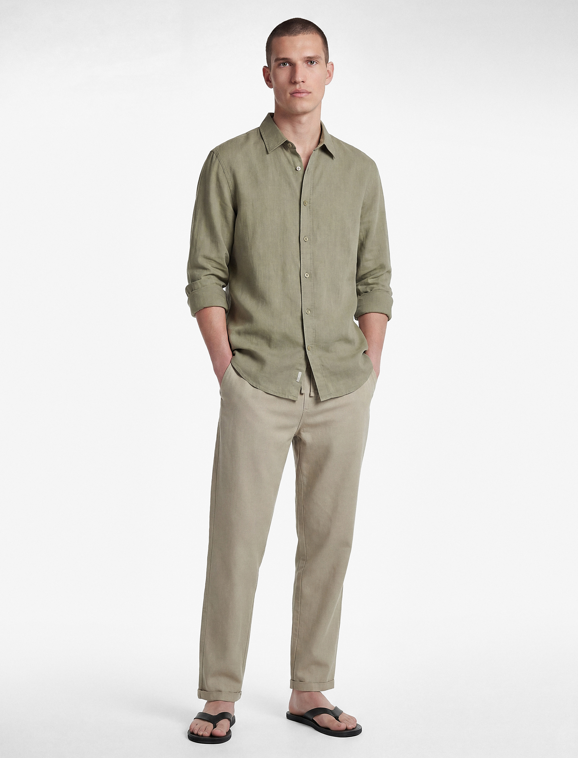   Slim Fit Keten Karışımlı Cepli Beli Lastikli Bağcıklı Pantolon
