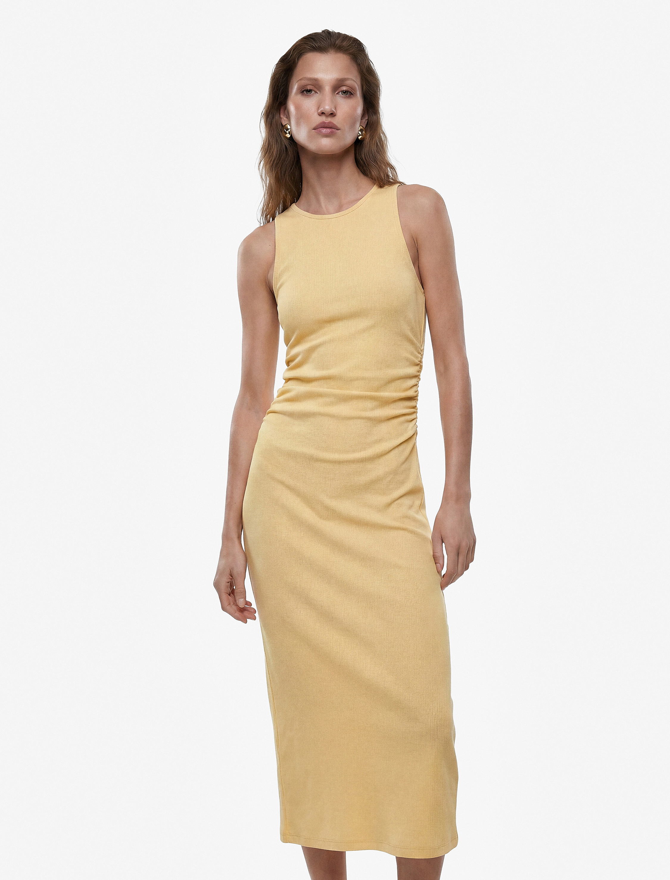   Drape Detaylı Bisiklet Yaka Kolsuz Dokulu Kobalt Mavi Bodycon Elbise