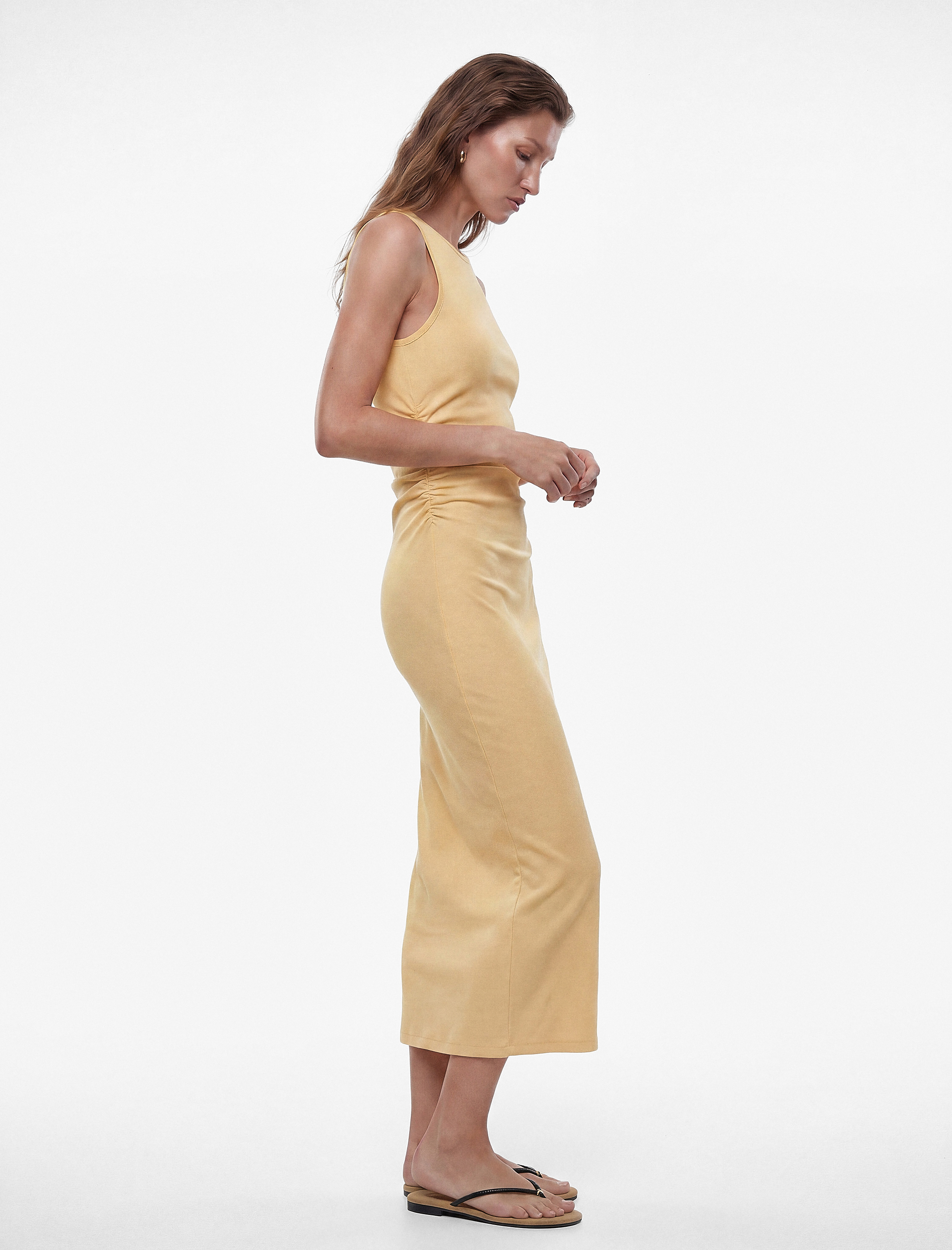  Drape Detaylı Bisiklet Yaka Kolsuz Dokulu Kobalt Mavi Bodycon Elbise