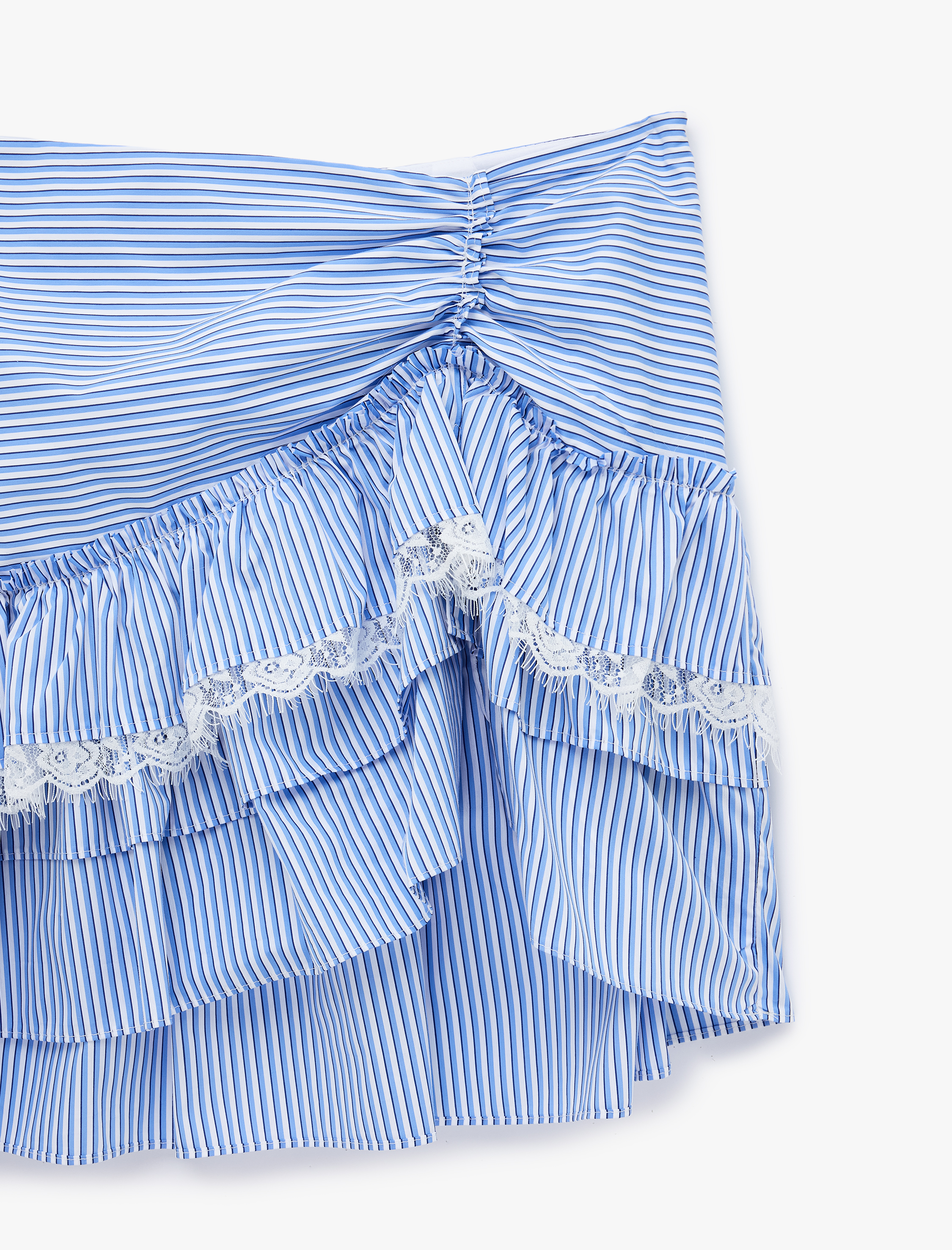   Koton X Sibil Çetinkaya - Fırfırlı Dantel Detaylı Çizgili Poplin Mini Etek