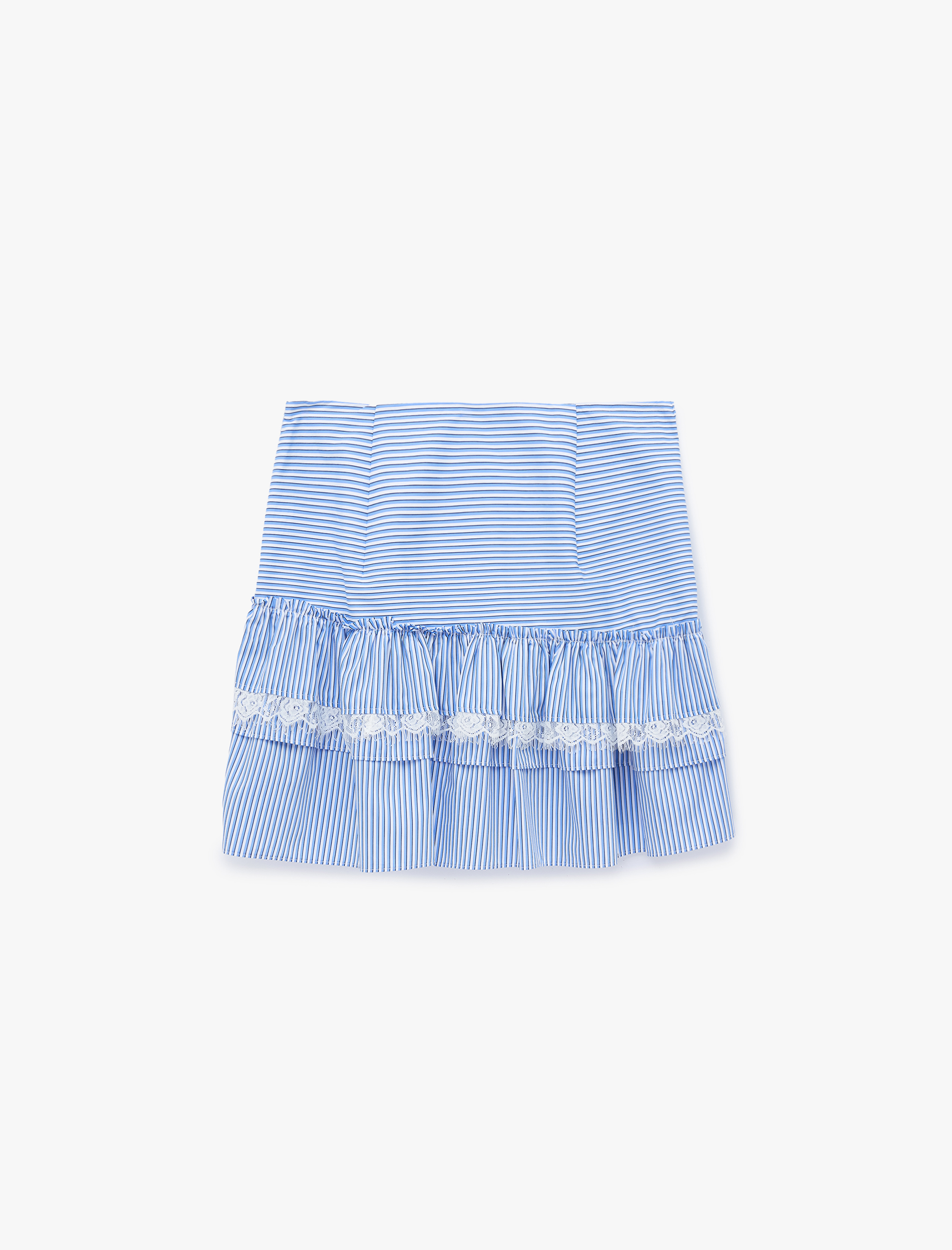   Koton X Sibil Çetinkaya - Fırfırlı Dantel Detaylı Çizgili Poplin Mini Etek