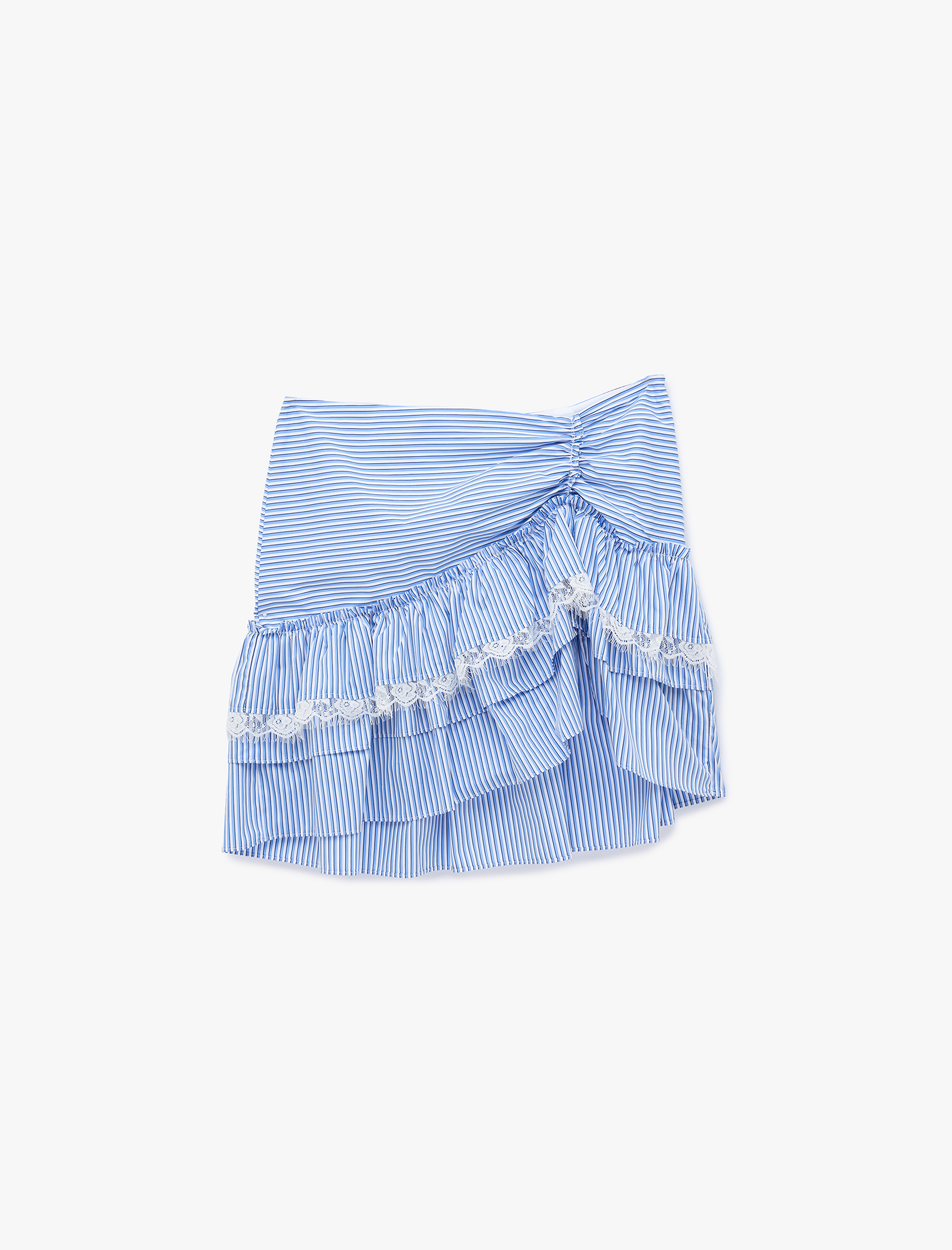  Koton X Sibil Çetinkaya - Fırfırlı Dantel Detaylı Çizgili Poplin Mini Etek