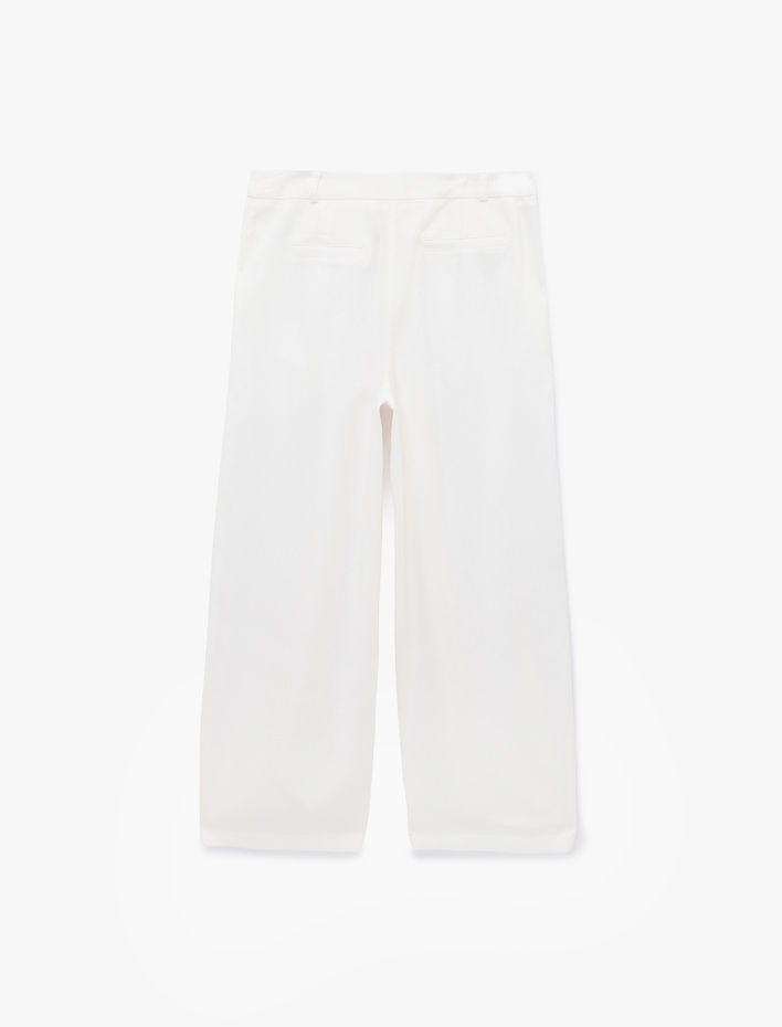  Cepli Pile Detaylı Geniş Paça Baggy Keten Pantolon