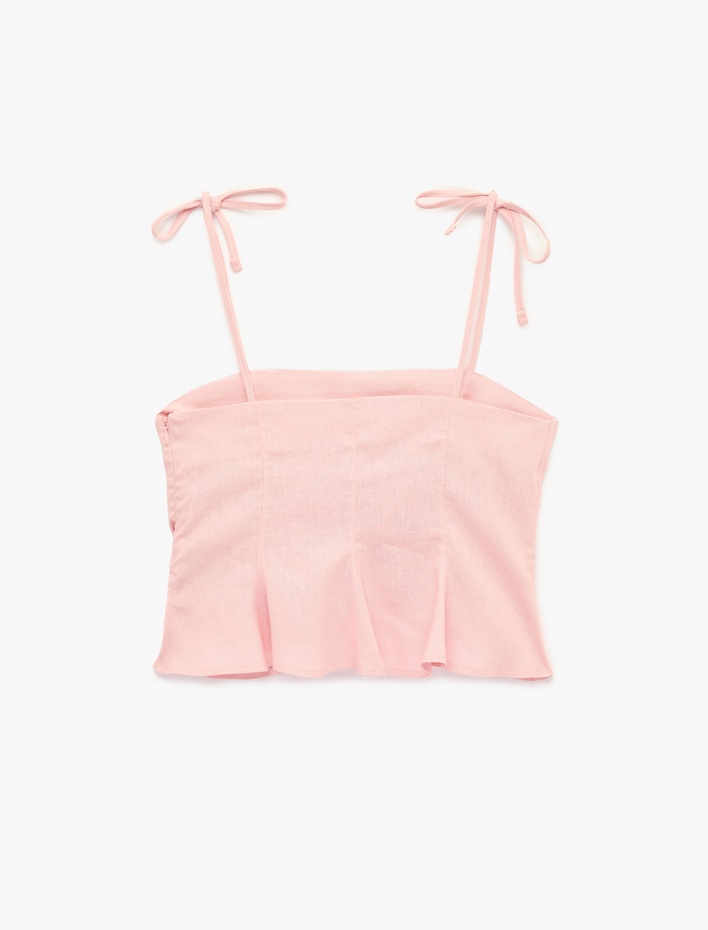  Slim Fit Hafif Peplum Kesim Pileli İp Askılı Crop Keten Bluz