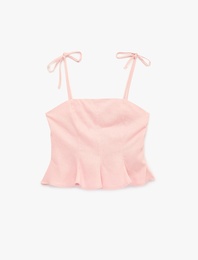 Slim Fit Hafif Peplum Kesim Pileli İp Askılı Crop Keten Bluz
