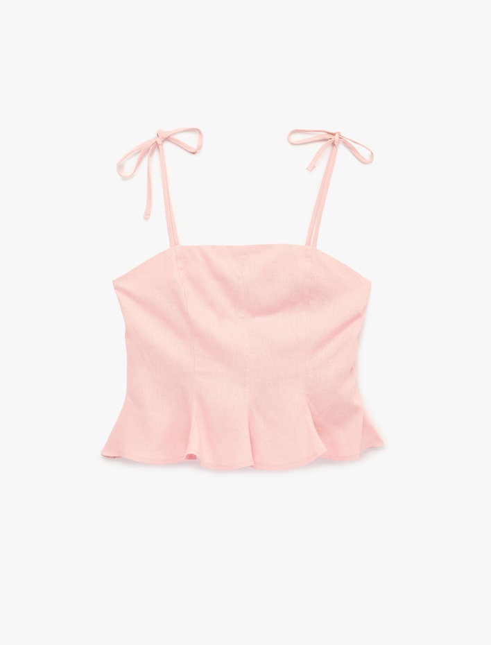  Slim Fit Hafif Peplum Kesim Pileli İp Askılı Crop Keten Bluz