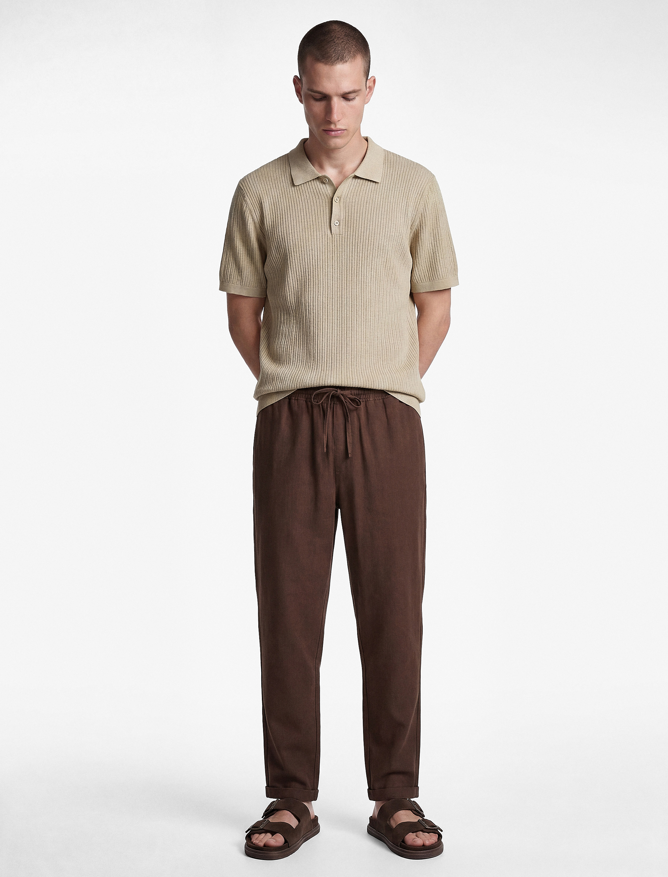   Slim Fit Keten Karışımlı Cepli Beli Lastikli Bağcıklı Pantolon