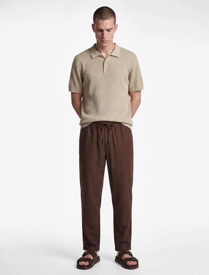  Slim Fit Keten Karışımlı Cepli Beli Lastikli Bağcıklı Pantolon