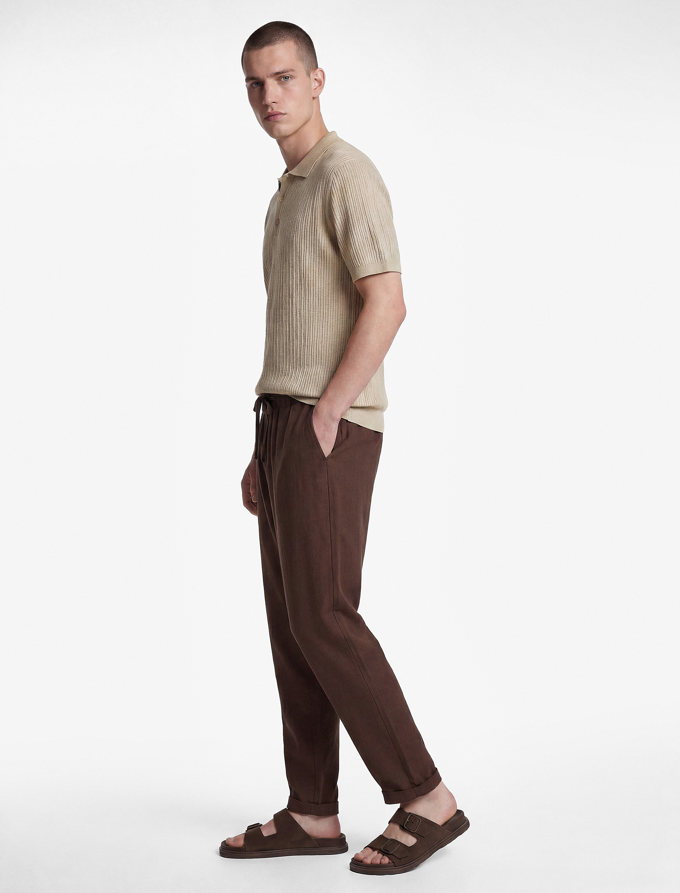   Slim Fit Keten Karışımlı Cepli Beli Lastikli Bağcıklı Pantolon
