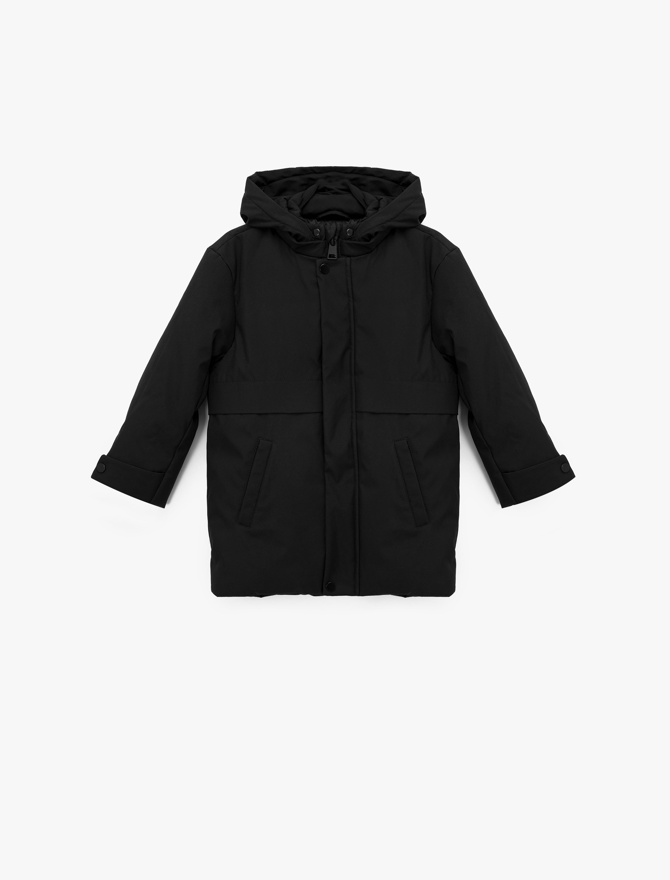  Erkek Çocuk Uzun Kollu Çıtçıt Detaylı Cepli Slim Fit Kapşonlu Mont