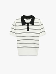 Regular Fit Düğmeli Kısa Kollu Polo Yaka Çizgili Triko Tişört