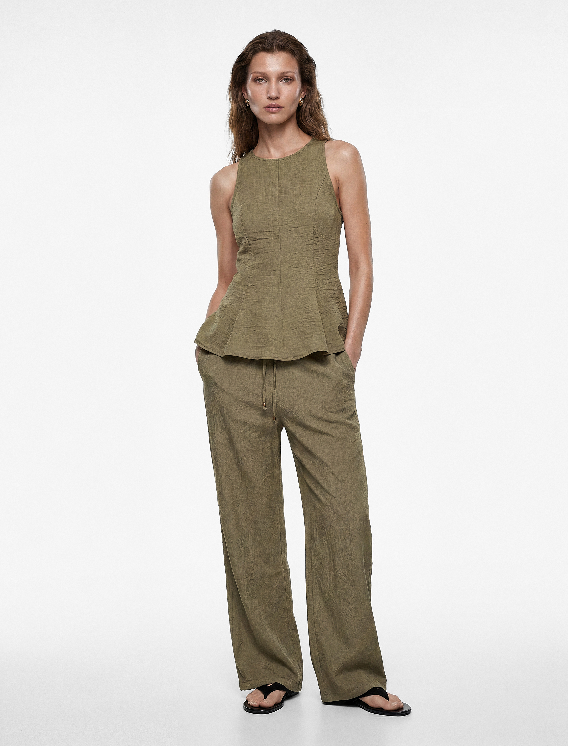   Keten Görünümlü Kolsuz Bisiklet Yaka Peplum Bluz
