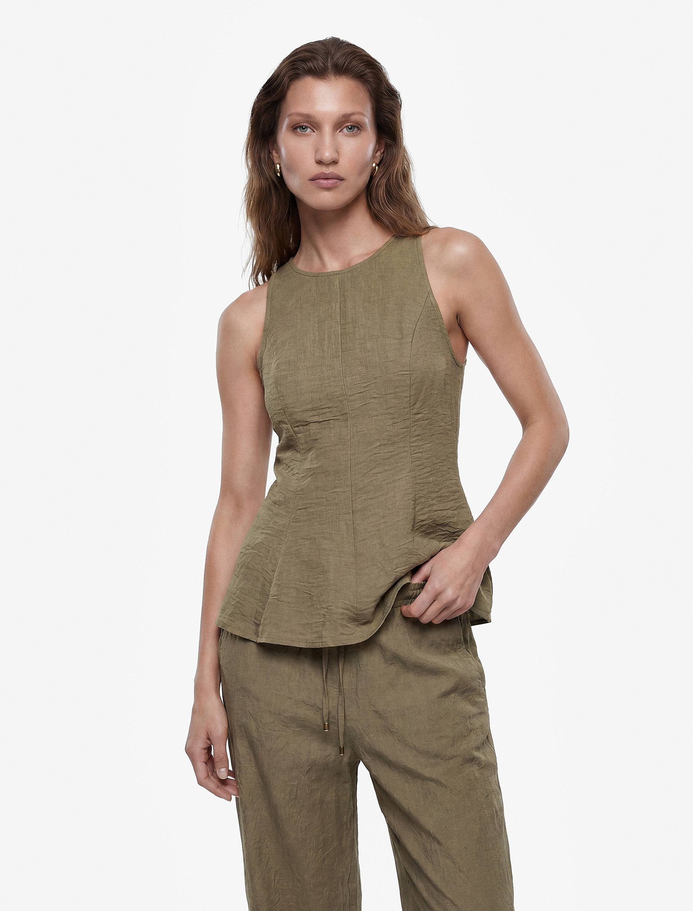   Keten Görünümlü Kolsuz Bisiklet Yaka Peplum Bluz