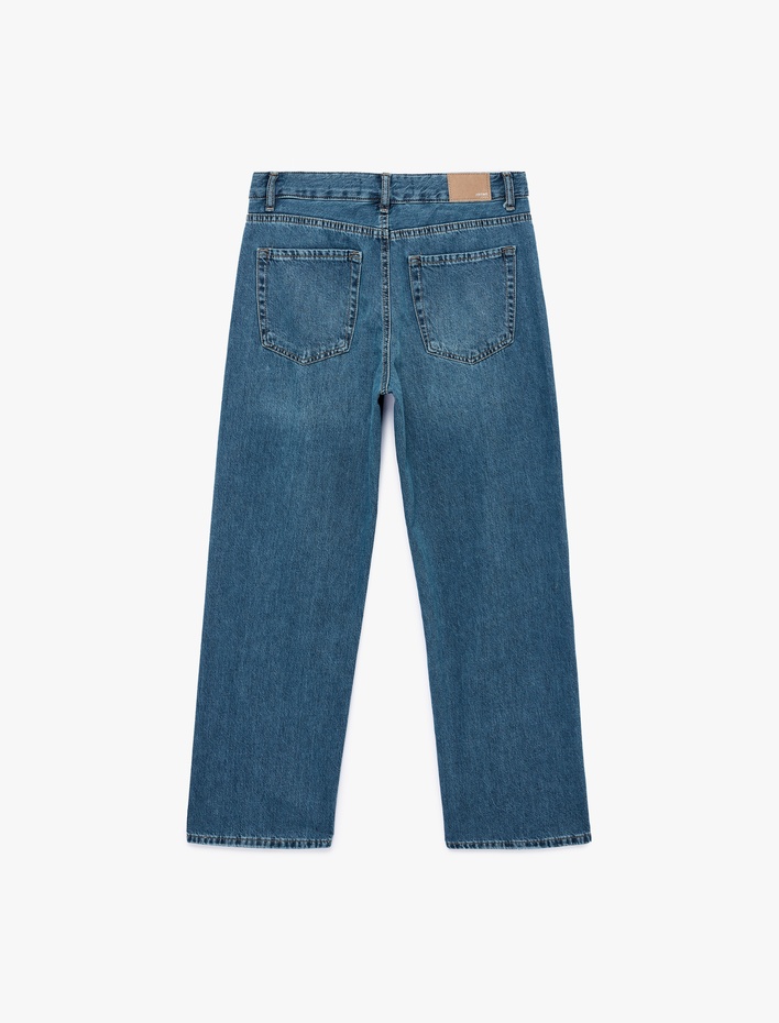  Pamuklu Normal Bel Düğmeli Düz Paça Denim Pantolon - Straight Fit Jean