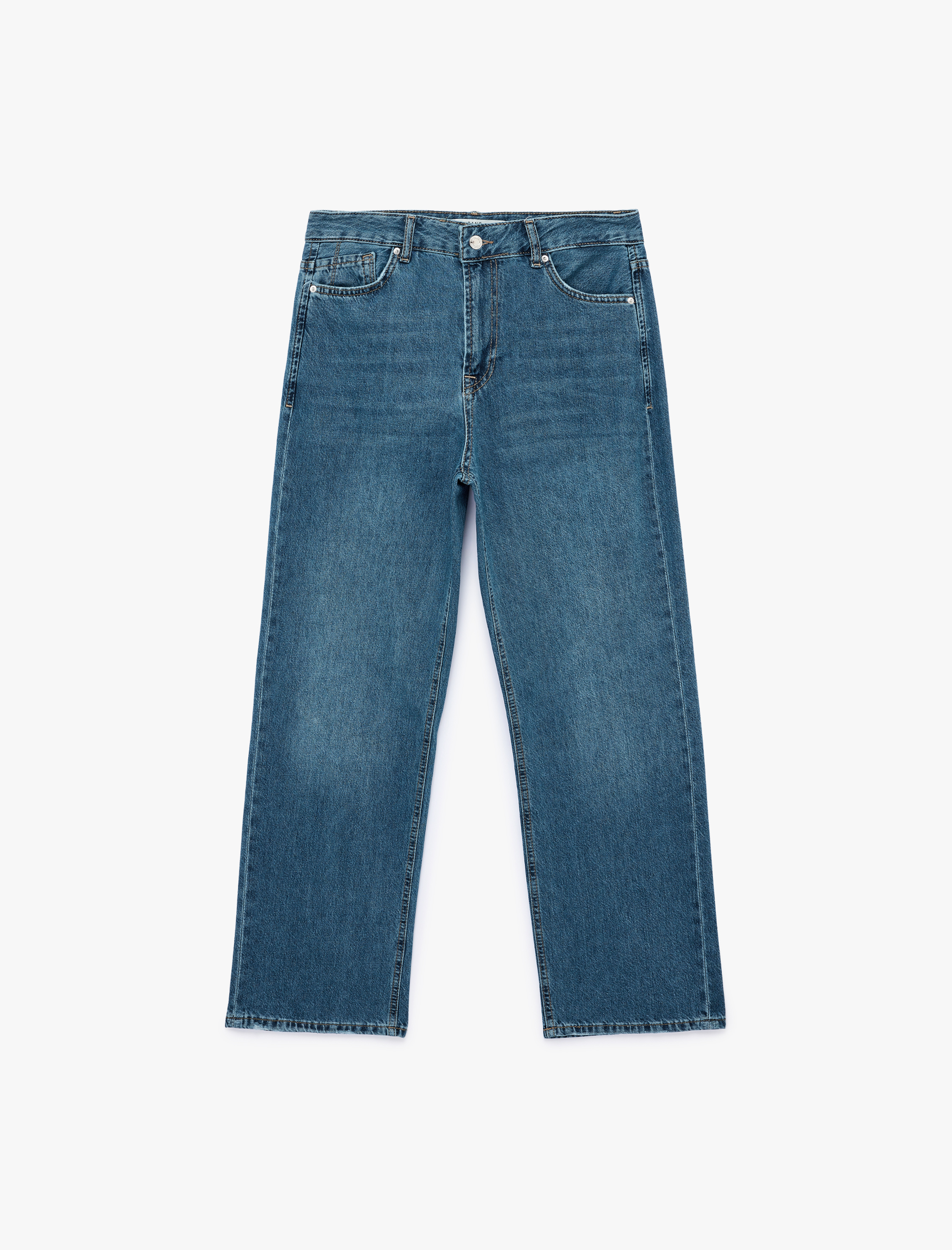   Pamuklu Normal Bel Düğmeli Düz Paça Denim Pantolon - Straight Fit Jean