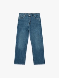 Pamuklu Normal Bel Düğmeli Düz Paça Denim Pantolon - Straight Fit Jean