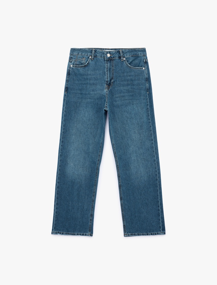  Pamuklu Normal Bel Düğmeli Düz Paça Denim Pantolon - Straight Fit Jean