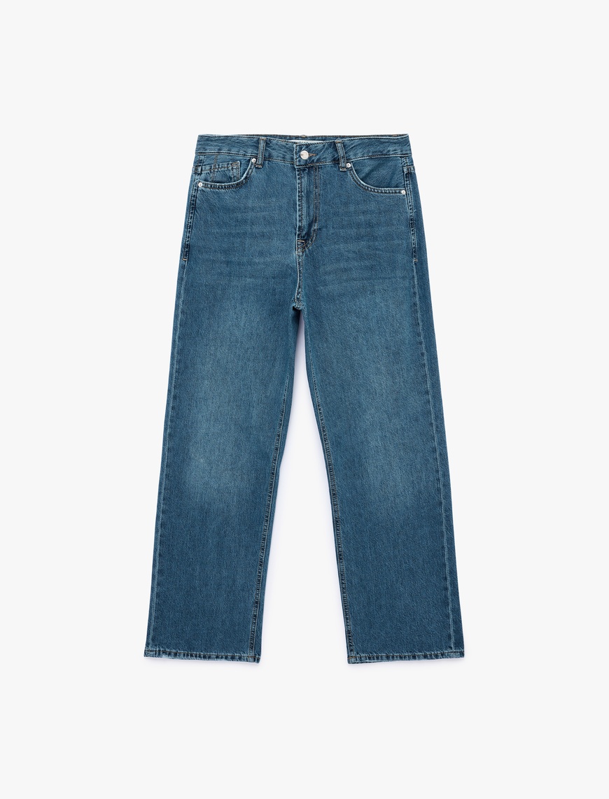 Koton Kadın Pamuklu Normal Bel Düğmeli Düz Paça Denim Pantolon - Straight Fit Jean