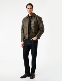 Slim Fit Uzun Kollu Fermuarlı Gömlek Yaka Suni Deri Ceket