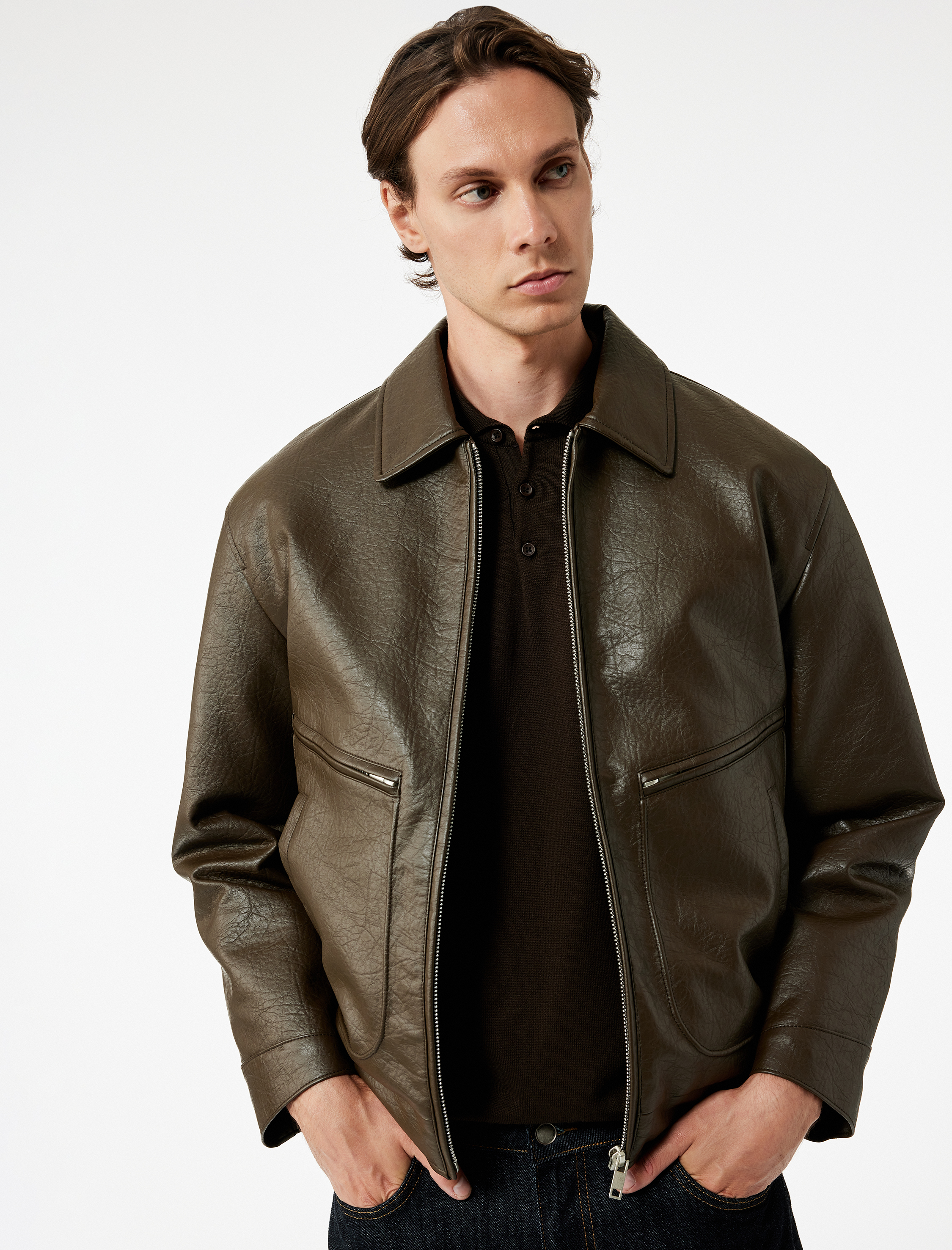   Slim Fit Uzun Kollu Fermuarlı Gömlek Yaka Suni Deri Ceket