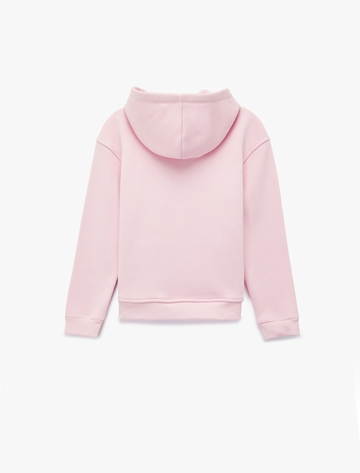 Kız Çocuk Kedi Baskılı Şardonlu Cep Detaylı Uzun Kollu Kapşonlu Sweatshirt