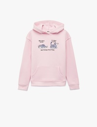 Uzun Kollu Kapşonlu Kedi Baskılı Şardonlu Sweatshirt