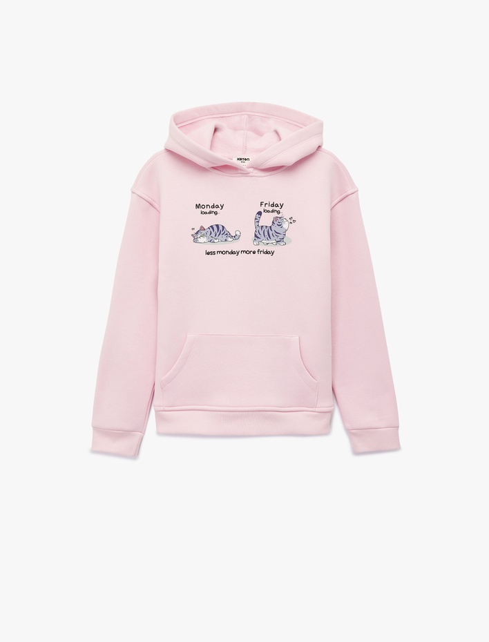 Kız Çocuk Kedi Baskılı Şardonlu Cep Detaylı Uzun Kollu Kapşonlu Sweatshirt