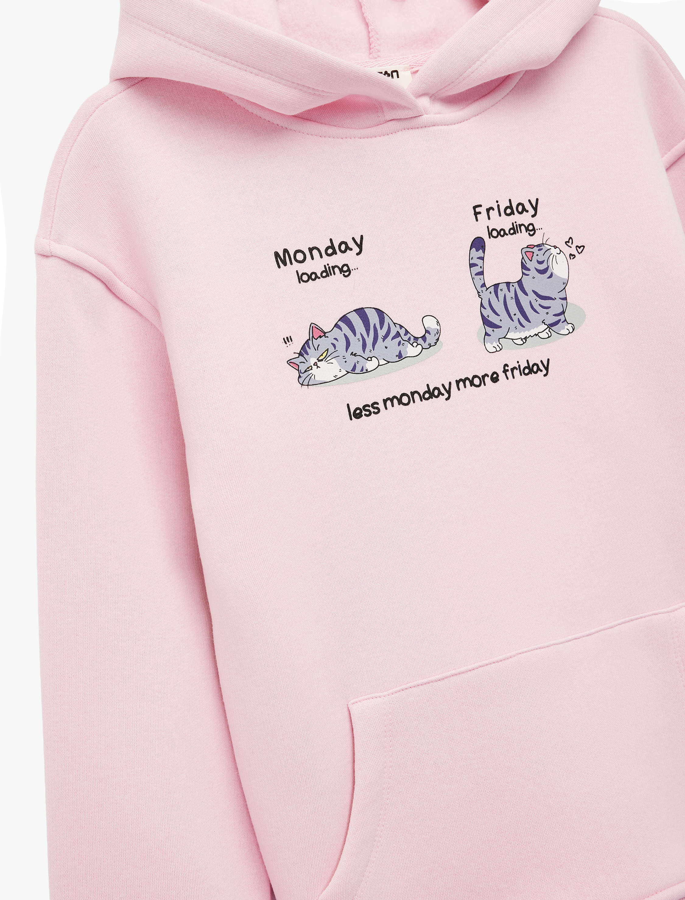  Kız Çocuk Uzun Kollu Kapşonlu Kedi Baskılı Şardonlu Sweatshirt