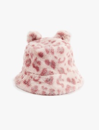 Leopar Desenli  Kulak Aplikeli Peluş Bucket Şapka