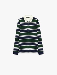Pamuklu Uzun Kollu Düğmeli Polo Yaka Çizgili Sweatshirt