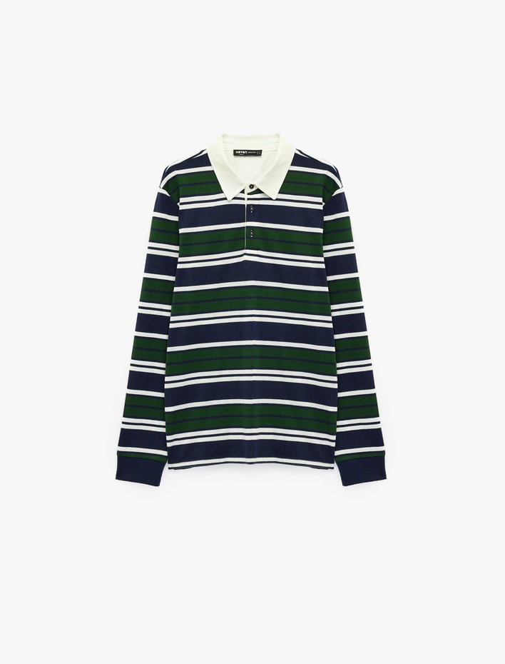  Pamuklu Uzun Kollu Düğmeli Polo Yaka Çizgili Sweatshirt