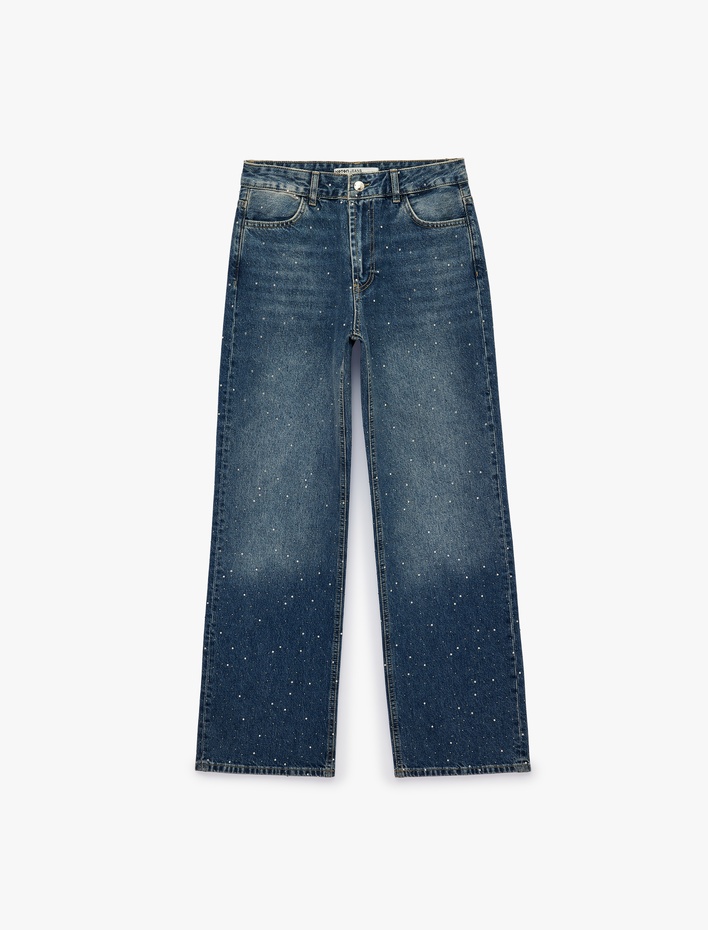  Taş Detaylı Yüksek Bel Düz Paça Denim Pantolon- Straight Jeans