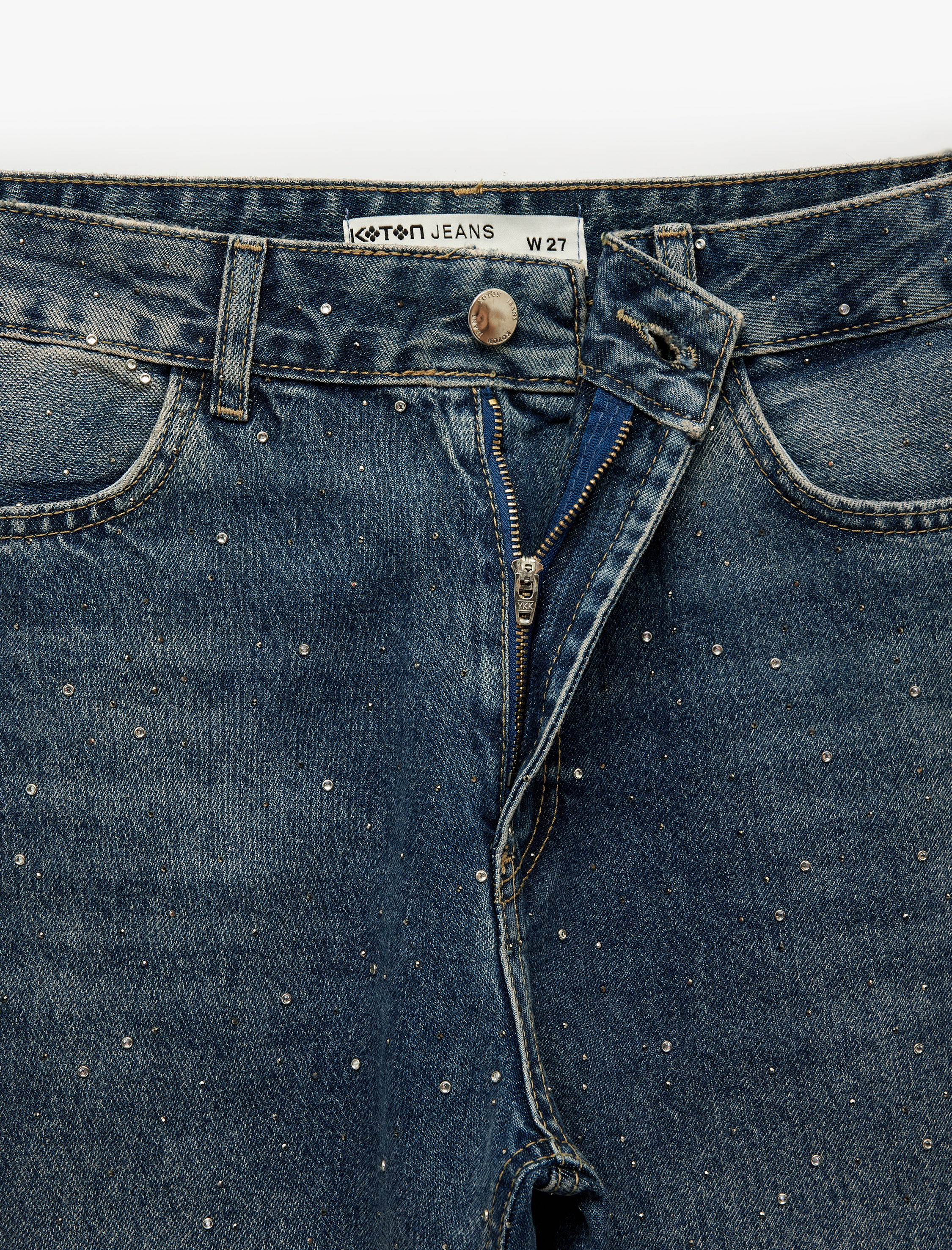   Taş Detaylı Yüksek Bel Düz Paça Denim Pantolon- Straight Jeans