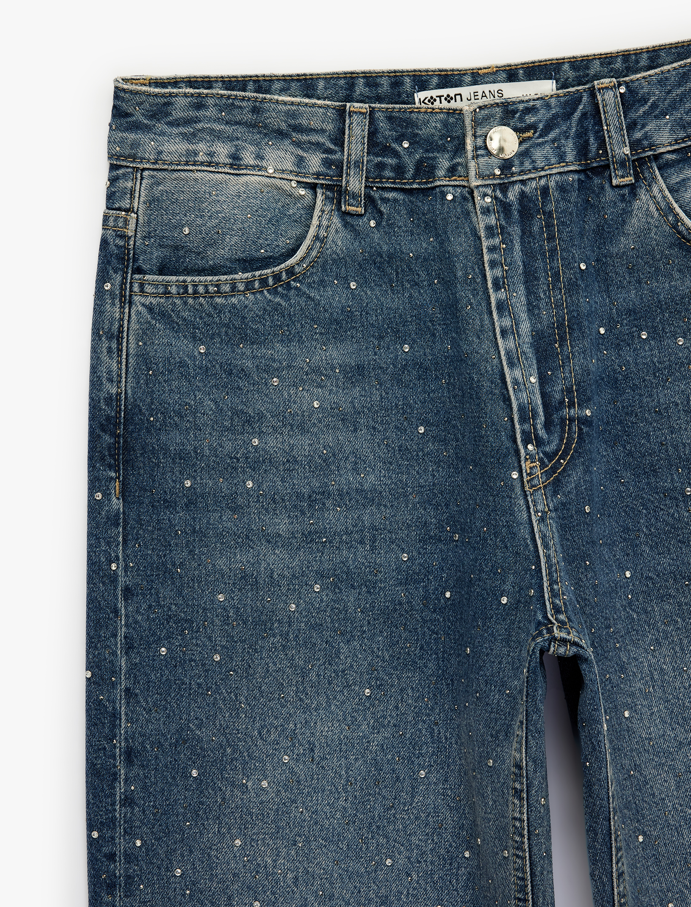   Taş Detaylı Yüksek Bel Düz Paça Denim Pantolon- Straight Jeans