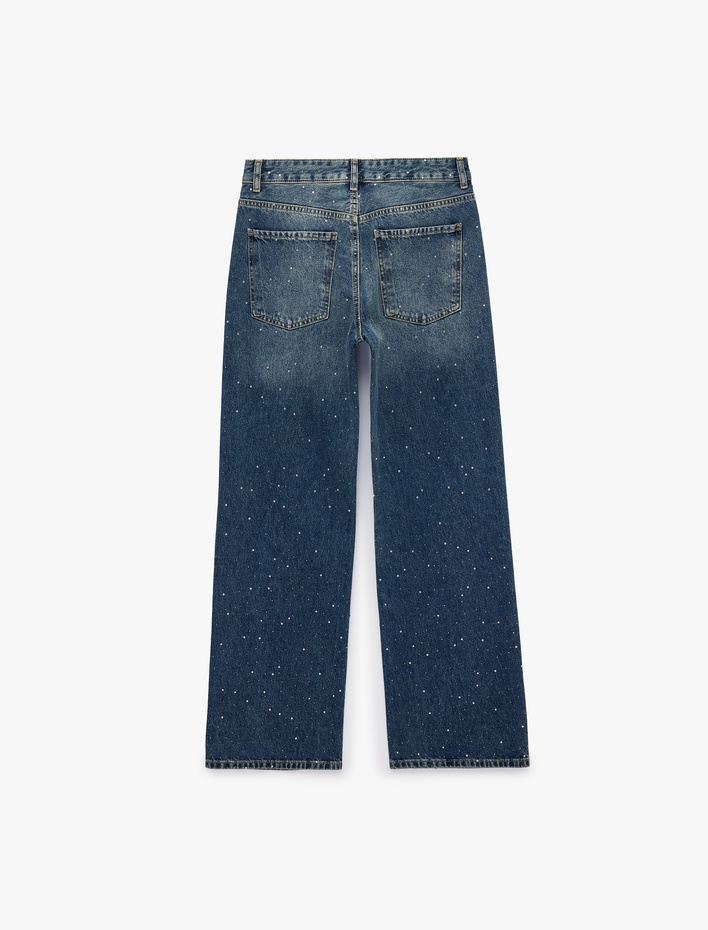  Taş Detaylı Yüksek Bel Düz Paça Denim Pantolon- Straight Jeans
